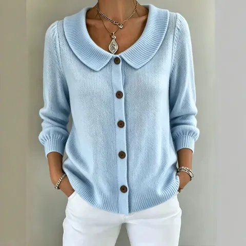Women's Solid Color Wool Blend Knitted Sweater Elegant Lapel Button Up Long Sleeve Cardigan Top For Autumn Winter Daily Wear