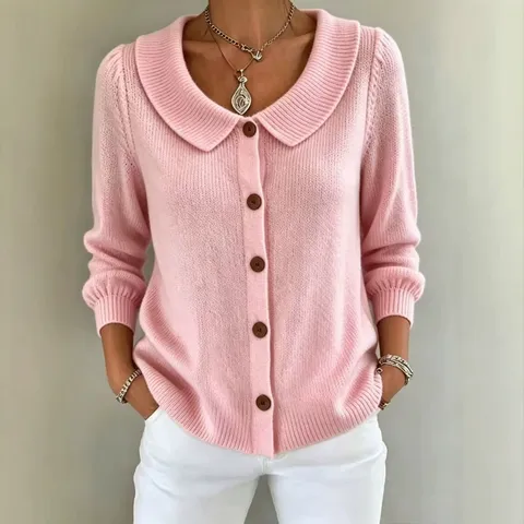 Women's Solid Color Wool Blend Knitted Sweater Elegant Lapel Button Up Long Sleeve Cardigan Top For Autumn Winter Daily Wear
