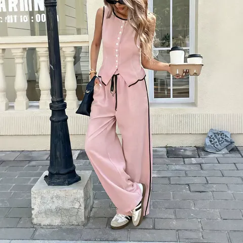 Completi Moda Donna Top And Bottom Gilet Senza Maniche con Bottoni e Pantaloni Lunghi a Gamba Larga Bordo a Contrasto Abbigliamento Casual Estivo