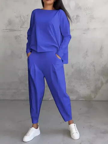 Women's Casual Long Sleeve Sweatshirt And Harem Pants Two Piece Set Solid Color Loose Pullover Outfit Streetwear Jogger Tracksuit