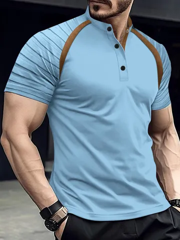 Men's Casual Short Sleeve Polo Shirt Color Block Patchwork Slim Fit Summer Sports Top Breathable Business Casual Apparel