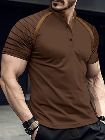 Men's Casual Short Sleeve Polo Shirt Color Block Patchwork Slim Fit Summer Sports Top Breathable Business Casual Apparel