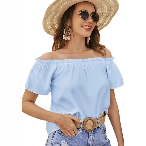 Damen Casual Off Shoulder Rüschen Bluse Kurzarm Polyester Einfarbig Süßer Stil Lockeres Top
