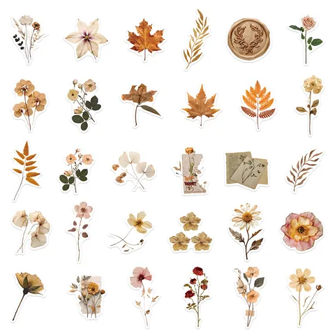 Retro Dried Flowers And Leaves Stickers Pack Decorative Botanical Floral Scrapbooking Stationery For Notebook