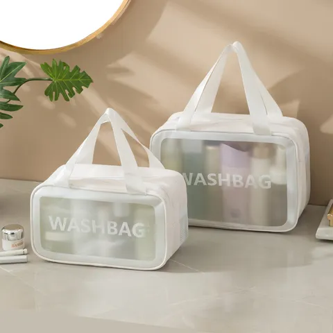 Multifunktionaler Reise Kulturbeutel Wasserdicht Transparent PVC PU Große Kapazität Make Up Aufbewahrungstasche Mit Trocken Nass Trennung Griff