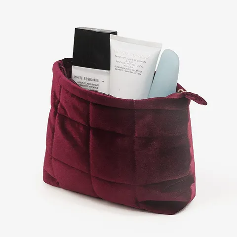 Large Capacity Velvet Quilted Cosmetic Bag Portable Handheld Zipper Makeup Storage Pouch Travel Toiletry Bag