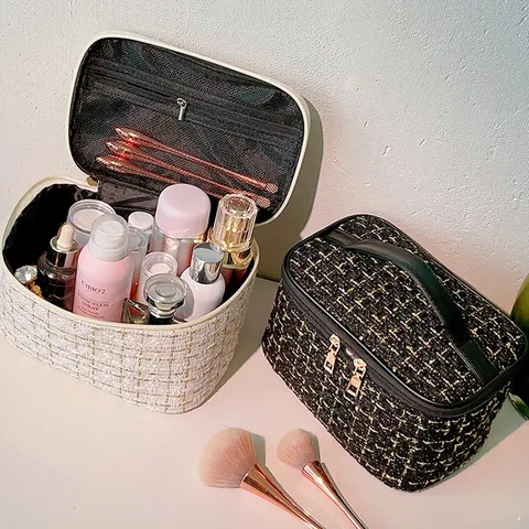 Large Capacity Cosmetic Bag Portable Travel Makeup Pouch Multifunctional Tweed Toiletry Organizer Bag For Women Black White