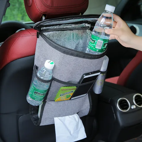 Car Seat Back Organizer Multipurpose Oxford Cloth Auto Storage Bag with Insulated Cooler Pocket and Tissue Holder