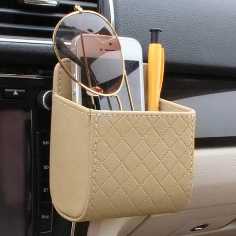 Car Air Vent Storage Bag PU Leather Quilted Diamond Pattern Hanging Organizer Pocket For Phone Keys Glasses