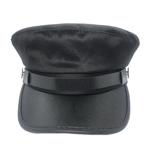 Sombrero de marino negro de moda para mujer en poliéster con ala de cuero PU y botones metálicos. Gorra plana retro elegante