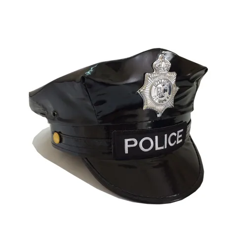 Gorra de Policía de Cuero PU Negro para Adultos Sombrero Octogonal Accesorios de Disfraces Cosplay Sombrero de Oficial de Policía Para Mujer Hombre Fiesta