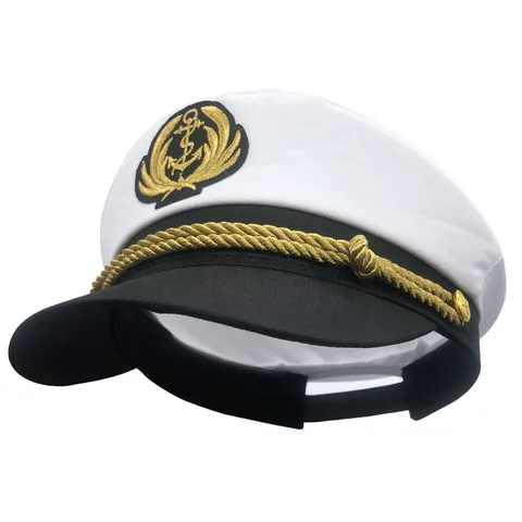Gorra de Capitán de Marino de Algodón Poliéster Blanco Gorra Militar Plana Bordado de Ancla Dorada Gorra de Disfraz Ajustable Para Hombres