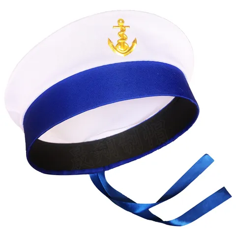 Sombrero de Marinero Blanco de Poliéster Gorro Docker Sin Ala Con Insignia de Ancla Dorada Y Cinta Para Fiesta Cosplay Disfraz de Marinero