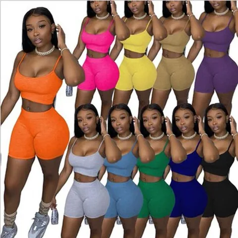 Set di Due Pezzi Casual a Tinta Unita Crop Tank Top e Biker Shorts in Poliestere Elastico da Donna