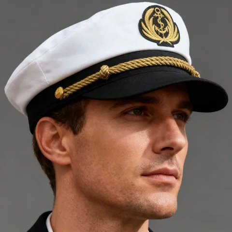 Gorra de Capitán de Marino de Algodón Poliéster Blanco Gorra Militar Plana Bordado de Ancla Dorada Gorra de Disfraz Ajustable Para Hombres