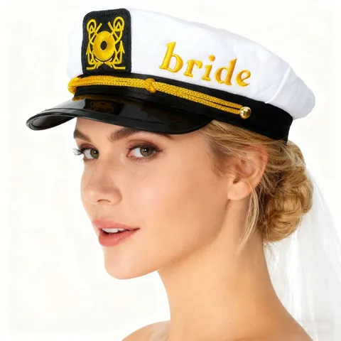 Sombrero de Marinero de Novia Con Velo Bordado de Letras de Novia Gorra Marina Blanco Parte Superior Plana Protección Solar Sombrero de Fiesta de Playa para Mujeres