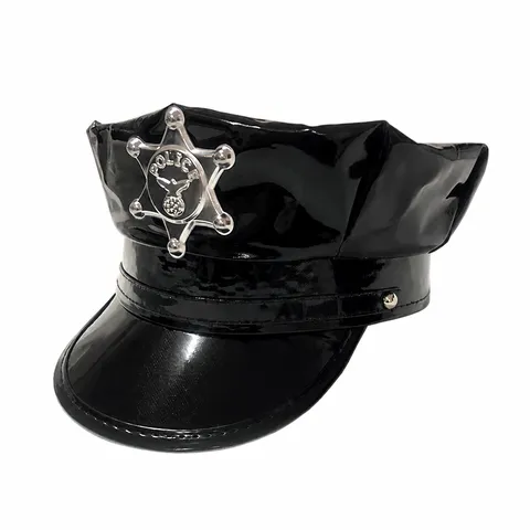 Chapeau de Police en Cuir Synthétique Noir pour Adulte Casquette d'Uniforme Octogonale Accessoire de Costume pour Fête Cosplay