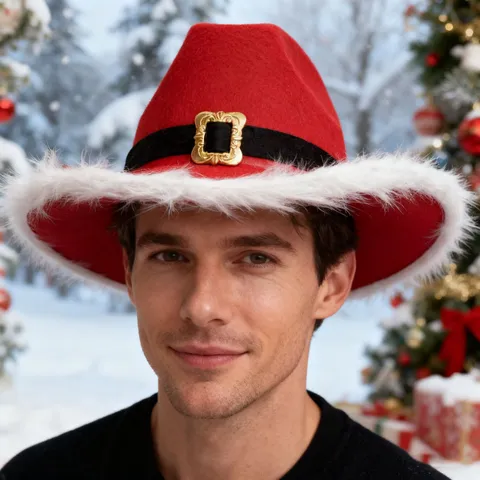 Sombrero De Vaquero Navideño Rojo Con Ribete De Piel Sintética Blanca Y Hebilla Dorada Sombrero De Fiesta