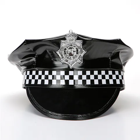 Sombrero de Policía Octogonal de Cuero Patentado Negro Halloween Cosplay Disfraz Accesorio Gorro de Fiesta Ajustable Para Adultos