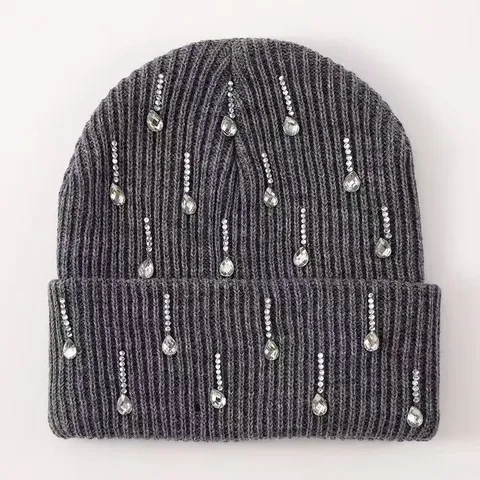 Damen Winter Warm Gestrickt Beanie Mütze Acryl Umschlag Einfarbig Strass Dekor Mode Lässige Kappe