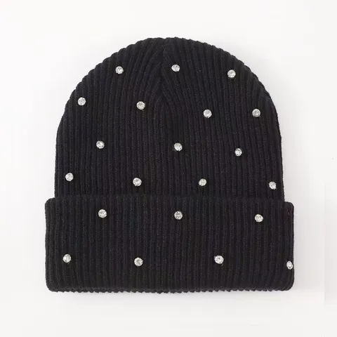 Winter Warm Gestrickte Beanie Mütze Für Damen Acryl Strass Slouchy Bündchen Totenkopf Mütze Tägliche Casual Mode Kopfbedeckung