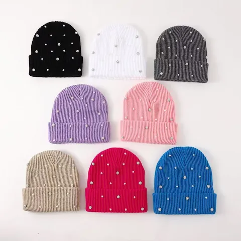 Damen Winter Warme Strickmütze Umschlag Acryl Mütze Mit Strass Und Perle Dekoration Lässige Mode Tägliche Kopfbedeckung