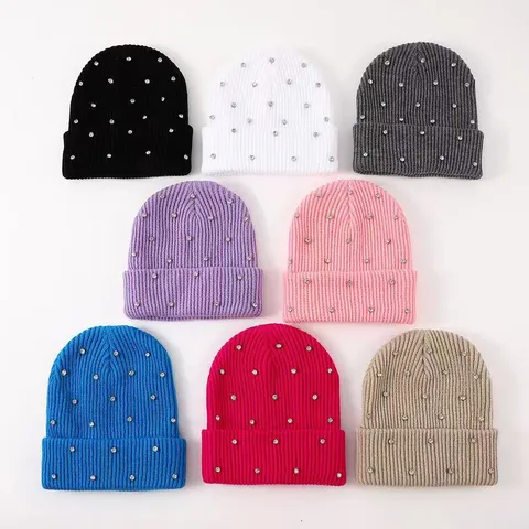 Winter Warm Gestrickte Beanie Mütze Für Damen Acryl Strass Slouchy Bündchen Totenkopf Mütze Tägliche Casual Mode Kopfbedeckung