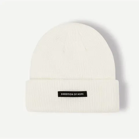 Unisex Acrylic Ribbed Knit Beanie Hat Winter Warm Solid Color Cuffed Skull Cap With Letter Patch Fashion Outdoor Headwear