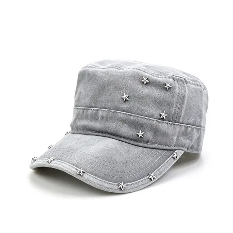 Unisex Gewaschene Baumwolle Flachdeckel-Hut Mit Metall Stern Nieten Verstellbare Outdoor Casual Military Style Cadet Cap