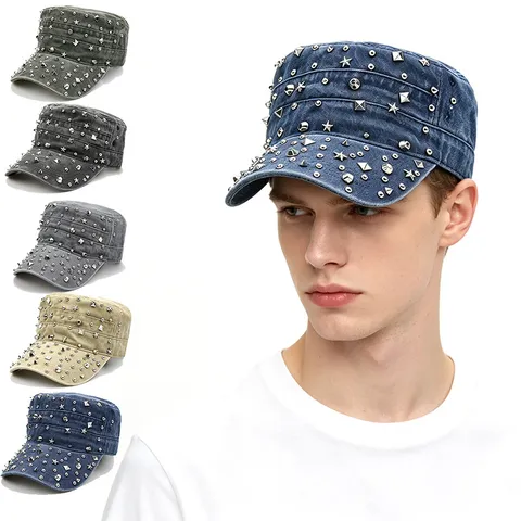 Unisex Punk Militaire Cadet Cap Katoen Metalen Klinknagel Versierd Platte Hoed Outdoor Casual Hip Hop Street
