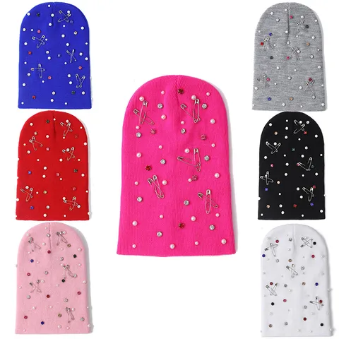Damen Herren Winter Strass Strickmütze Warm Outdoor Thermal Umschlagmütze Mit Künstlicher Perle Und Pin Dekoration
