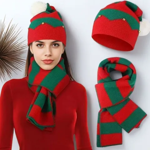 Christmas Knitted Hat And Scarf Red Green Striped Pullover Hat With Pom Pom And Bells Winter Warm Accessory For Women Men Holiday