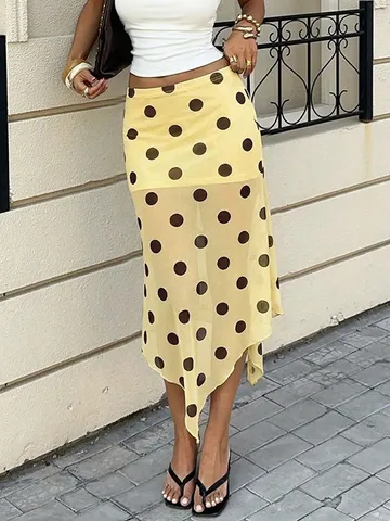 Women Casual Polka Dot Mesh Double-Layer Midi Skirt High Waist Asymmetrical Flowy Summer Street Fashion Skirt