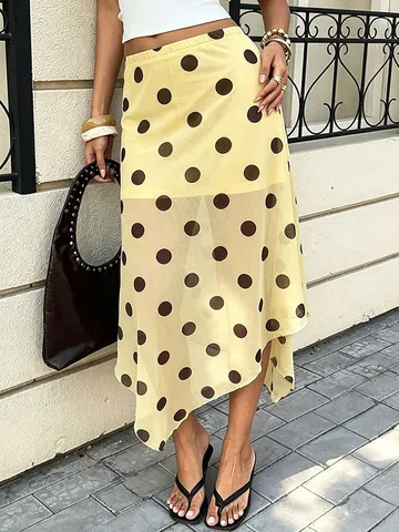 Women Casual Polka Dot Mesh Double-Layer Midi Skirt High Waist Asymmetrical Flowy Summer Street Fashion Skirt
