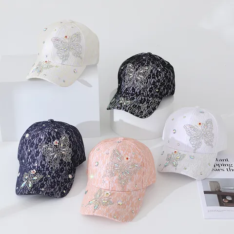 Damen Mode Spitze Strass Schmetterling Baseballkappe Outdoor Casual Atmungsaktiv Sonnenschutz Verstellbar Floral Hut