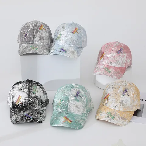 Mode Baumwolle Batikeffekt Baseballkappe Trendy Strass Libelle Muster Gebogene Krempe Sonnenschutz Outdoor Hut Für Herren Damen