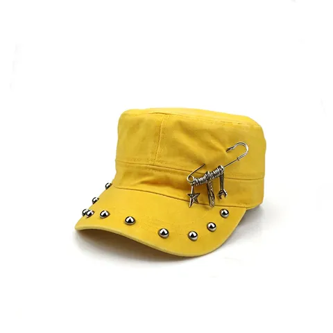 Punk Nieten Flachdeckel Hut Gewaschene Baumwolle Militärmütze Mit Sicherheitsnadel Stern Charme Einstellbare Streetwear Mütze