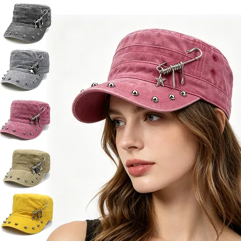 Punk Nieten Flachdeckel Hut Gewaschene Baumwolle Militärmütze Mit Sicherheitsnadel Stern Charme Einstellbare Streetwear Mütze