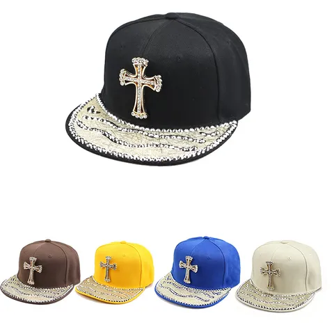 Hip Hop Gothic Kreuz Strass Verzierter Flacher Krempe Hut Für Herren Damen Street Dance Party Clubwear Accessoires