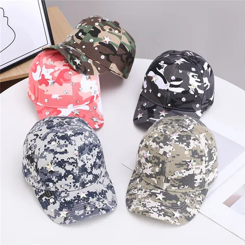 Berretto da Baseball Mimetico con Strass da Donna Cappello Camo Decorazione Stella Moda Protezione Solare Casual Regolabile