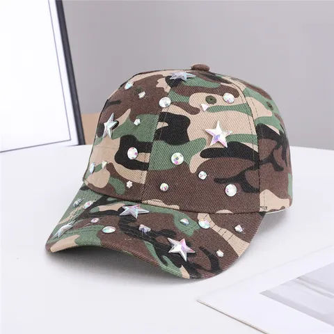 Berretto da Baseball Mimetico con Strass da Donna Cappello Camo Decorazione Stella Moda Protezione Solare Casual Regolabile