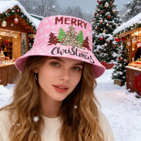 Sombrero Bucket de Poliéster Estampado Digital de Navidad Copo de Nieve Reno Gráfico Ala Ancha Parte Superior Plana Parasole Vacaciones Regalo