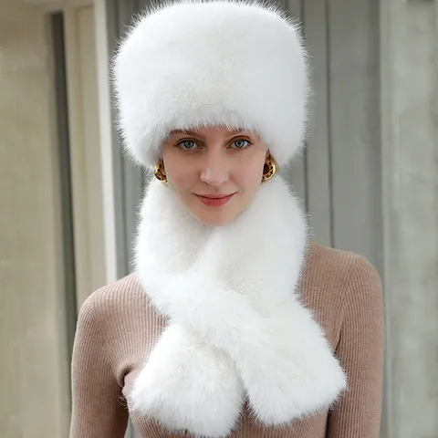 Women Winter Warm Faux Fur Hat Scarf Set Solid Color Embossed Thermal Plush Ear Protection Bucket Hat Soft Scarf Two Piece Set Outdoor