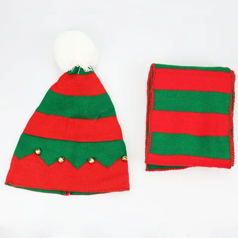 Christmas Knitted Hat And Scarf Red Green Striped Pullover Hat With Pom Pom And Bells Winter Warm Accessory For Women Men Holiday