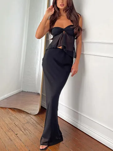 Women Elegant Solid Color Mesh Splicing Double-Layer Sheer Slim High Waist Bodycon Long Skirt Underarm Top SPU-Clothing Style
