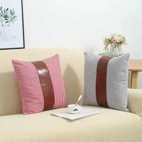 American Style Leather Patchwork Striped Cushion Cover Decorative Pillow Case For Sofa Bedroom Home Decor