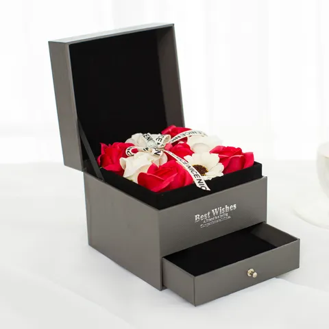 Handmade Soap Rose Flower Drawer Gift Box Artificial Rose Flower Wooden Box For Valentine's Day Birthday Anniversary Women Gift