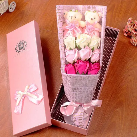 Handmade Soap Flower Rose Bouquet Gift Box With Teddy Bears Romantic Artificial Floral Wedding Valentine Women Day Creative Gifts