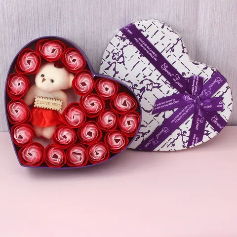 Boîte Cadeau Romantique en Forme de Cœur Fleurs de Savon Rose Avec Ours en Peluche et Nœud Pour Saint Valentin Anniversaire Mariage Femme