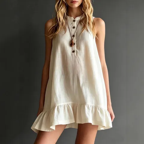 Women Casual Cotton Blend Midi Dress Elegant Stand Collar Sleeveless Ruffle Hem Solid Color Summer Chic Wear